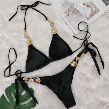 Sexy Bikini Suit Luxury Crystal Diamond Bandage Women Swimsuit Beach Vacation Swimsuit Black