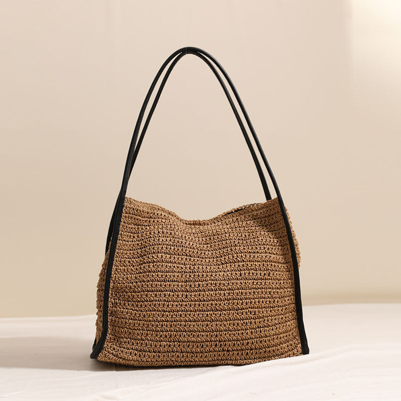 French Large Capacity Straw Bag Niche Solid Color Straw Bag Woven Bag Women Vacation Beach Bag Shoulder Bag