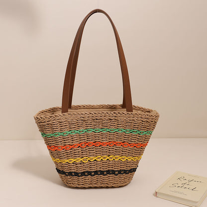 Colorful Striped Shoulder French Straw Bag Large Capacity Woven Bag Women Seaside Vacation Beach Bag One Size Multi1