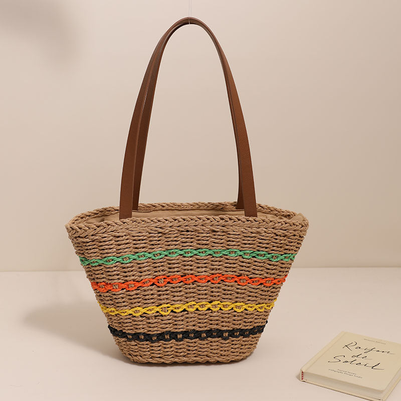 Colorful Striped Shoulder French Straw Bag Large Capacity Woven Bag Women Seaside Vacation Beach Bag One Size Multi1