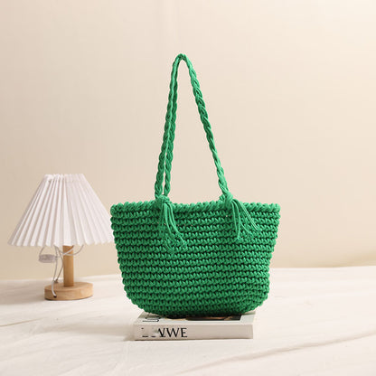 Tassel Shoulder Cotton Thread Woven Bag Solid Color Straw Bag Vacation Beach Bag Casual Women Bag One Size Bean Bag Tassel Green