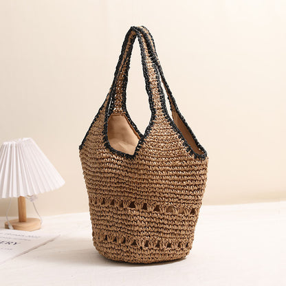 Large Capacity One Shoulder Straw Bag Casual Hollow Out Cutout Portable Straw Bag Woven Bag Women Seaside Vacation Beach Bag