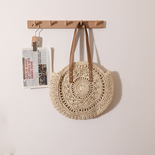 round Straw Bag One Shoulder Portable Hollow Out Cutout out Straw Bag Woven Bag Women Summer Seaside Casual Vacation Beach Bag