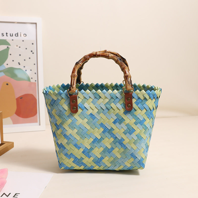 Retro Color Portable Straw Weaved Bag Square Hand Woven Bag Vacation Beach Bag Women Bag
