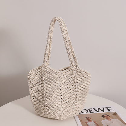 South Korea Vintage Shoulder Cotton Thread Woven Bag Crochet Handbag Straw Bag Vacation Beach Bag One Size Cotton Yarn Carambola Rice Belt Magnetic Snap