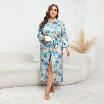 Plus Size Women Artificial Silk Satin Long Sleeved Pajamas Plump Girls Wearable Home Calliopsis Blue