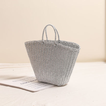 Silver Portable Straw Weaved Bag Metal Sense Large Capacity Hand Carrying Woven Bag Women Seaside Vacation Beach Bag