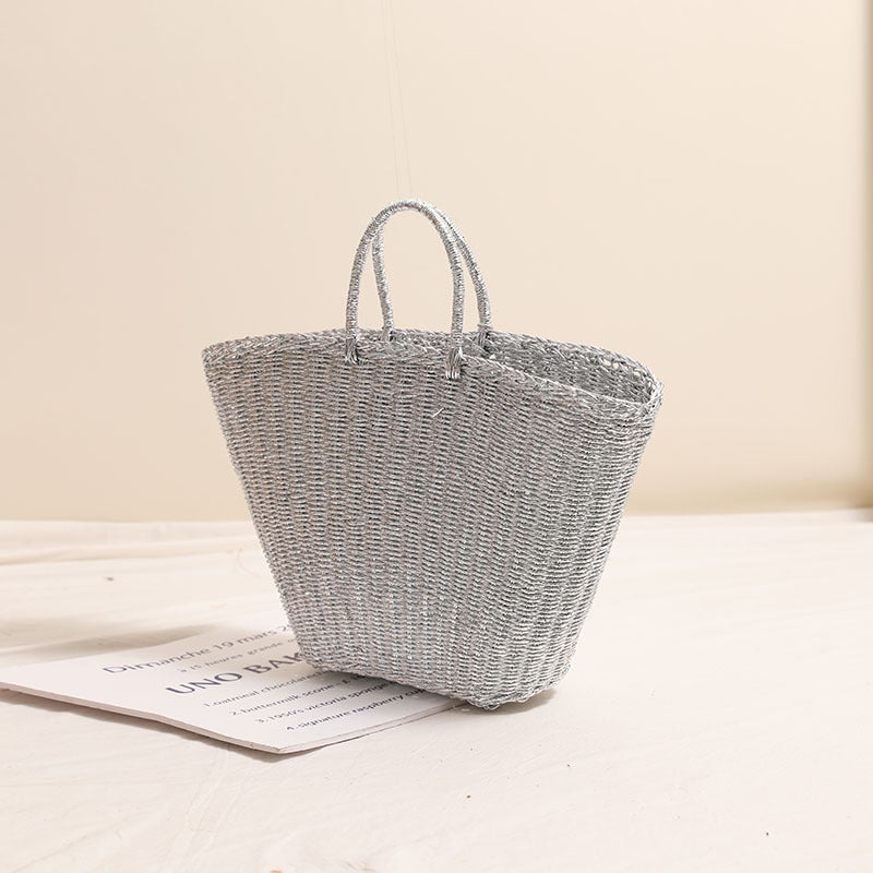 Silver Portable Straw Weaved Bag Metal Sense Large Capacity Hand Carrying Woven Bag Women Seaside Vacation Beach Bag