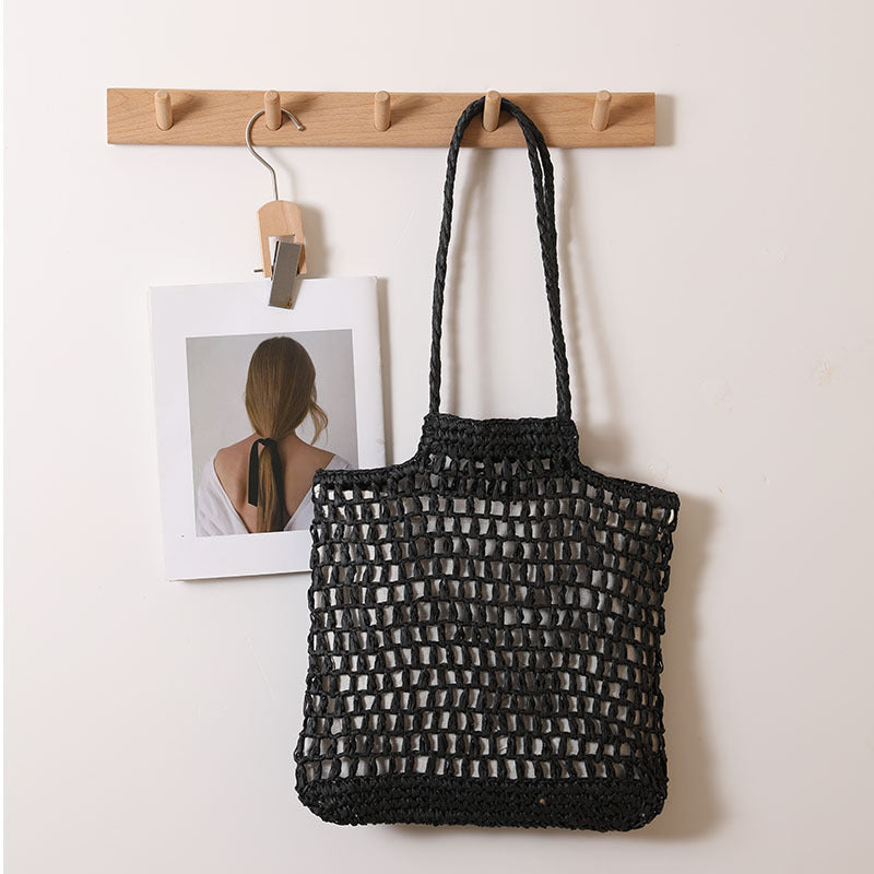 One Shoulder Hollow Out Cutout out Straw Bag Special Interest Design Straw Bag Woven Bag Vacation Beach Bag Women Bag One Size Paper String Sling Black Inner Bag