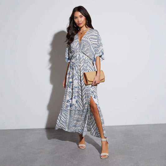 Spring Summer Women Printed Loose Dress Elegant Split Maxi Dress for Women
