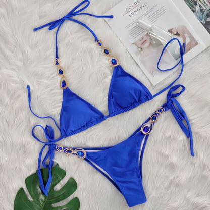 Sexy Bikini Suit Luxury Crystal Diamond Bandage Women Swimsuit Beach Vacation Swimsuit Blue