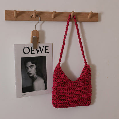 Single Shoulder Cotton Thread Woven Bag Solid Color Single Shoulder Women Bag Casual Underarm Bag Vacation Beach Bag One Size Color V-Shaped Red