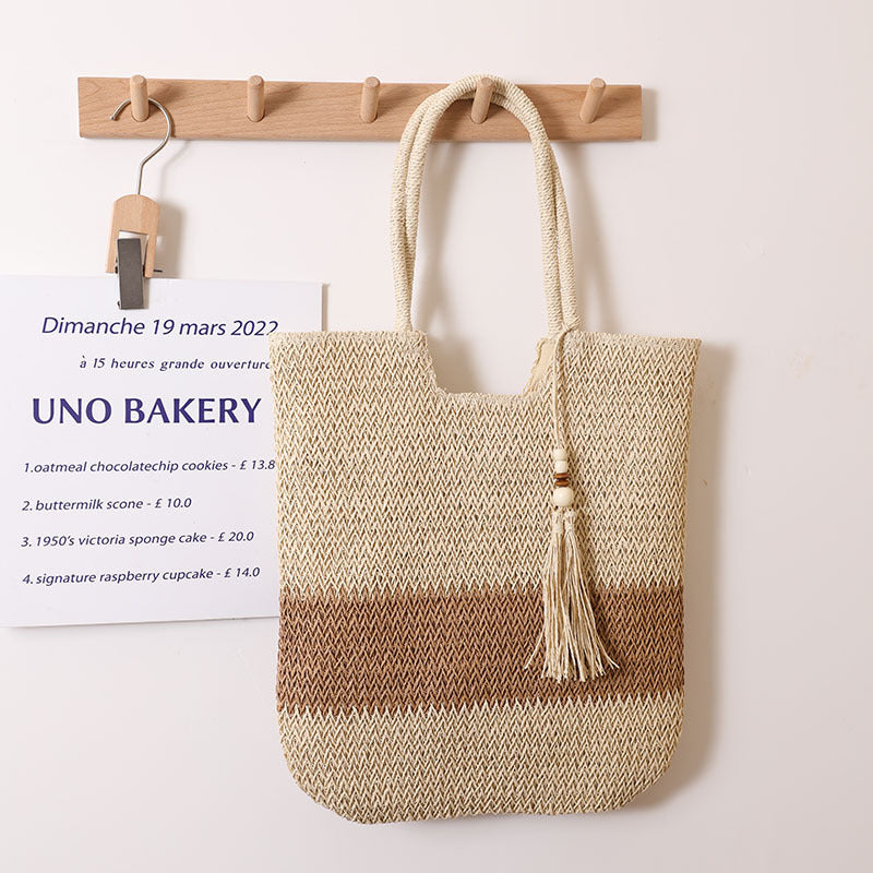 Woven Two Tone Tassel Woven Bag Shoulder Bag Casual Straw Bag Casual Women Bag Beach Bag One Size Cream