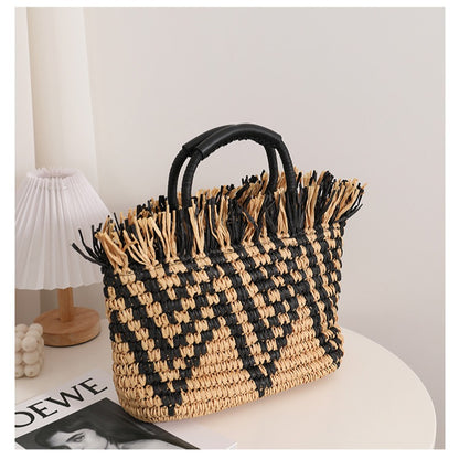 Color Matching Loose Edge Straw Bag Loose Edge Portable Color Matching Woven Bag Seaside Vacation Beach Bag Women Bag