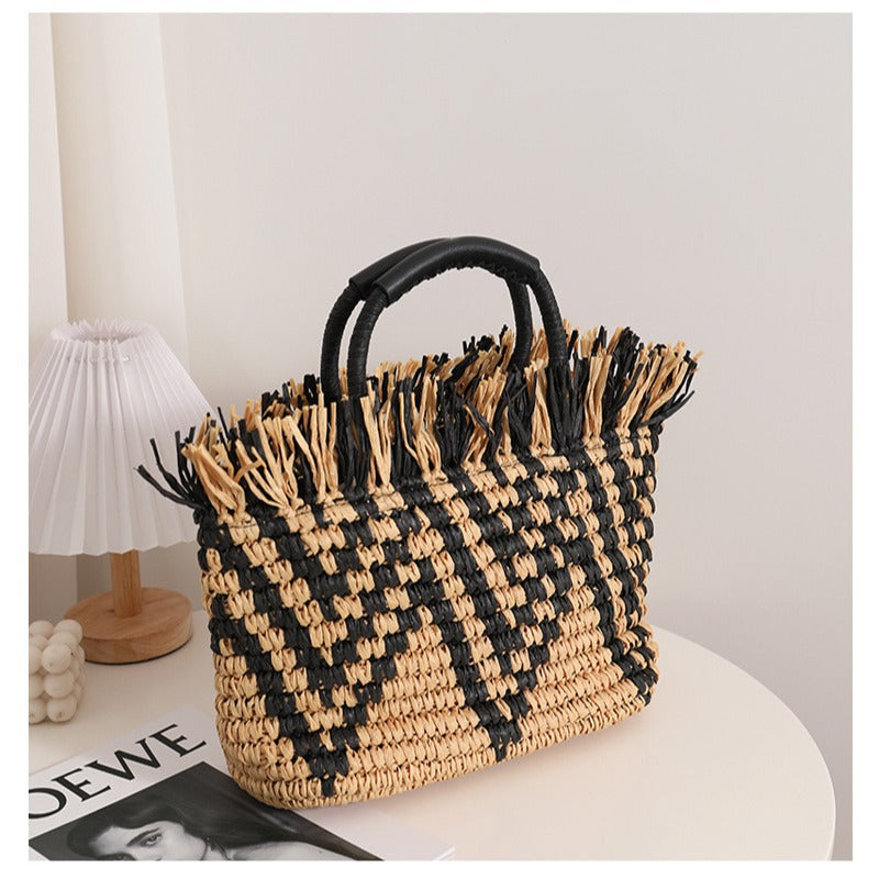 Color Matching Loose Edge Straw Bag Loose Edge Portable Color Matching Woven Bag Seaside Vacation Beach Bag Women Bag