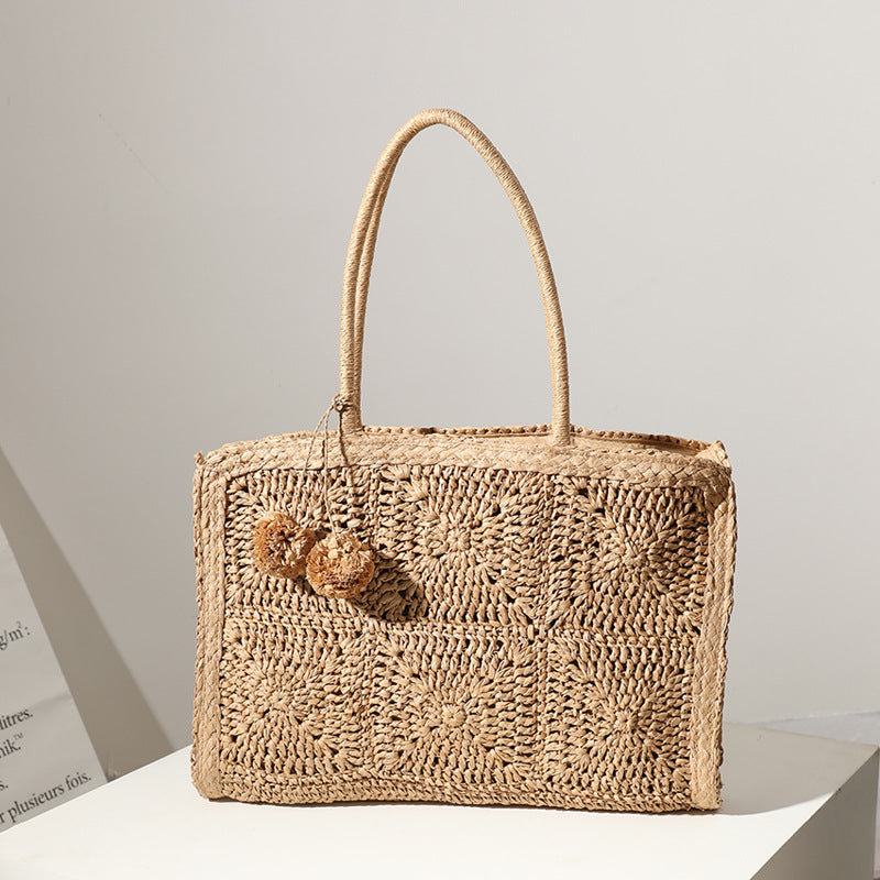 Hollow Out Cutout Straw Bag Large Capacity Fur Ball Hand Woven Bag Casual Women One Shoulder Handbag Beach Bag One Size One Side Patterned Coffee
