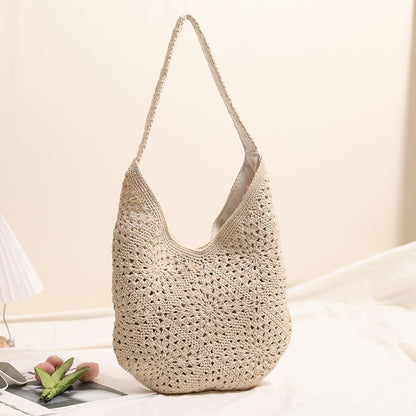 Casual Large Capacity Cotton Thread Woven Bag Hand Crocheted Floral Shoulder Bag Vacation Beach Bag Women Bag One Size Cotton One-Shoulder Grandma Plaid