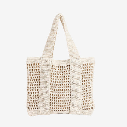 Casual Large Capacity Cotton Thread Woven Bag Hollow Out Cutout Straw Bag Seaside Vacation Beach Bag Mesh Shoulder Bag One Size Cream