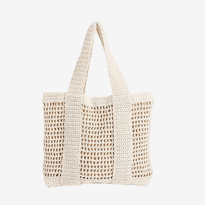 Casual Large Capacity Cotton Thread Woven Bag Hollow Out Cutout Straw Bag Seaside Vacation Beach Bag Mesh Shoulder Bag One Size Cream