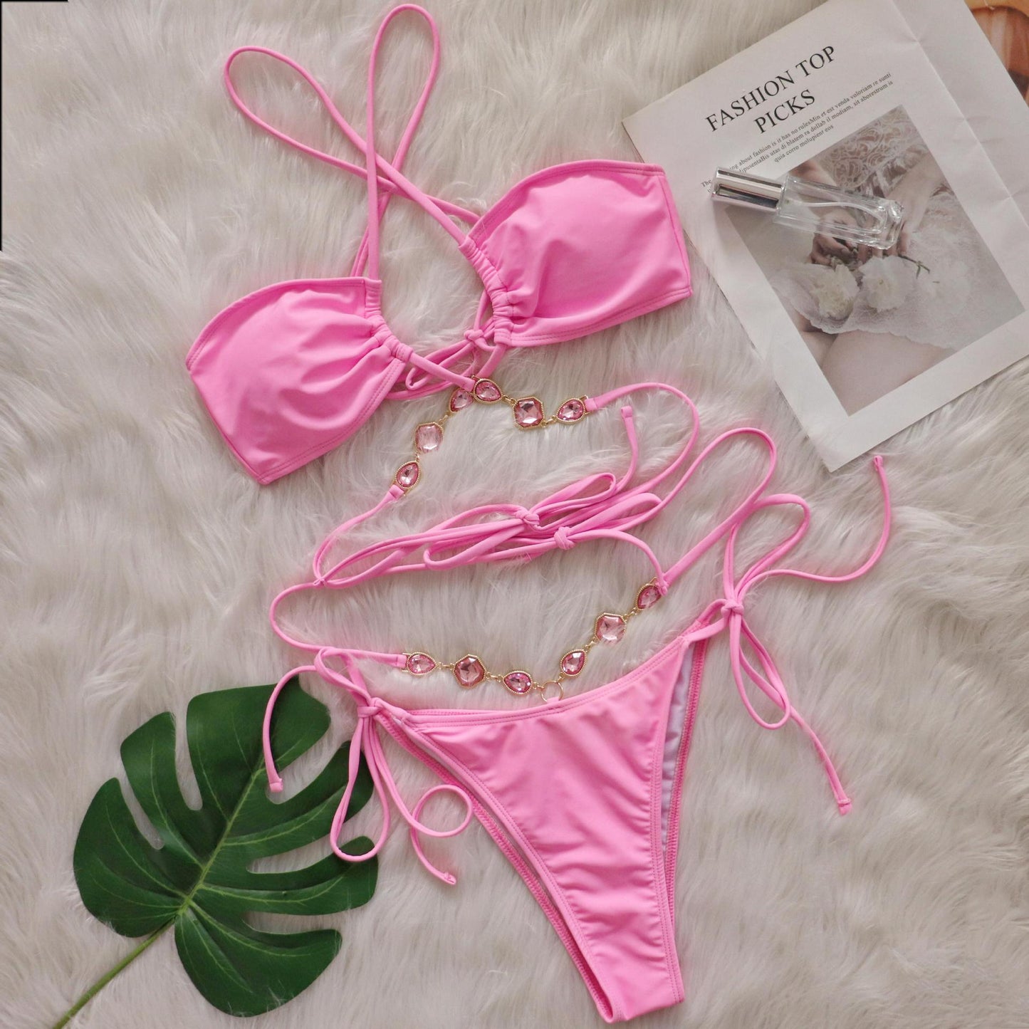 Sexy Crystal Diamond Bikini Halter Cross Strap Split Women Swimsuit Beach Vacation Swimsuit Pink