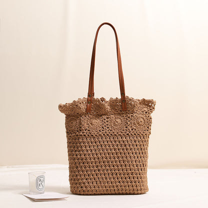 Hollow Out Cutout Floral Single Shoulder Cotton Thread Woven Bag Lace Straw Bag Vacation Beach Bag Office Women Bag