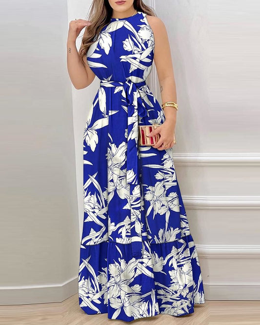 Summer Retro Fashionable round Neck Printed Halter Dress Long Dress