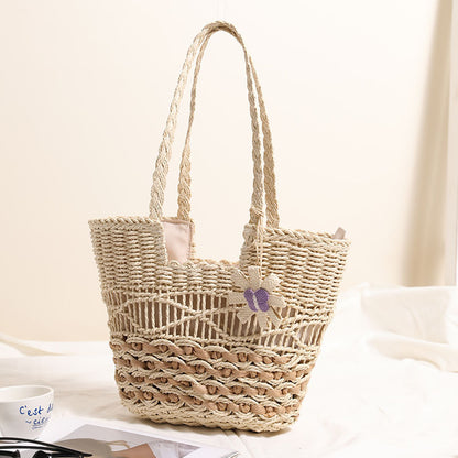 One Shoulder Hollow Out Cutout out Straw Bag Floral Contrast Color Woven Bag Vacation Beach Bag Women Bag One Size Concave Bag Small Flower Rice