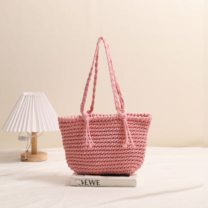Tassel Shoulder Cotton Thread Woven Bag Solid Color Straw Bag Vacation Beach Bag Casual Women Bag
