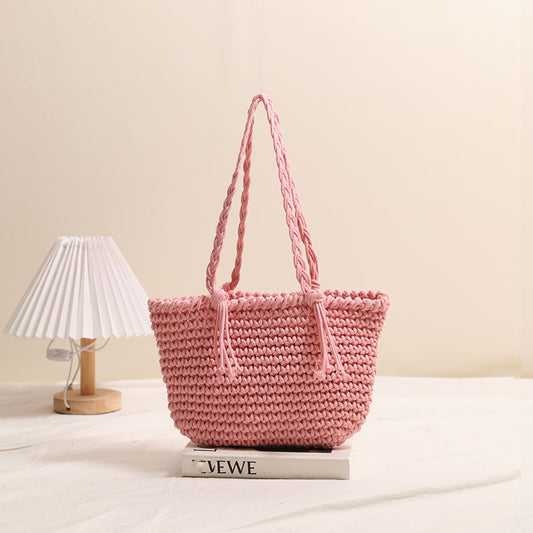 Tassel Shoulder Cotton Thread Woven Bag Solid Color Straw Bag Vacation Beach Bag Casual Women Bag