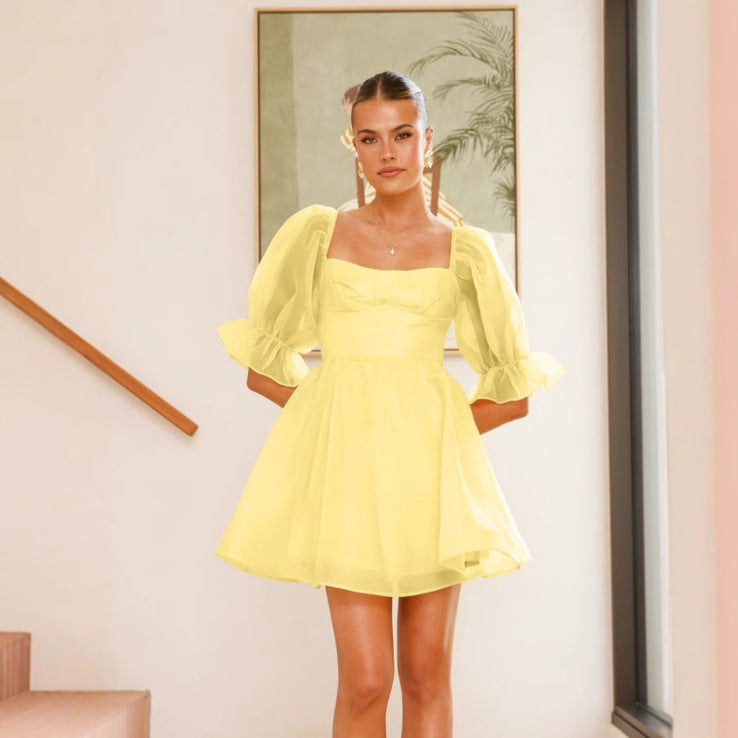 Organza Solid Color Retro Puff Sleeve Princess Dress Large Dress Yellow