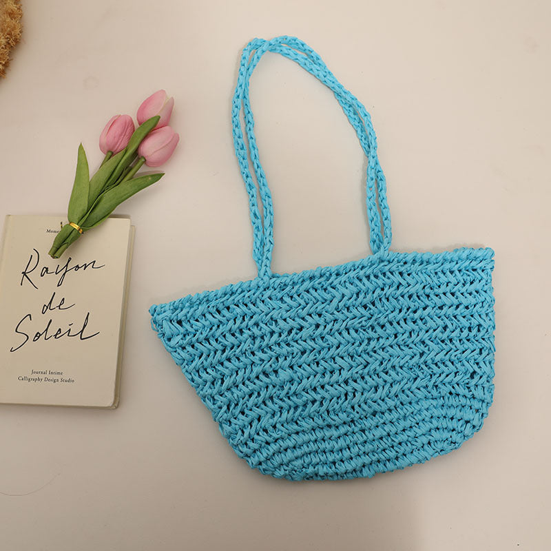 One Shoulder Straw Bag Simple Hollow Out Cutout out Straw Bag Woven Bag Summer Sweet Portable Seaside Vacation Beach Bag Women One Size Blue