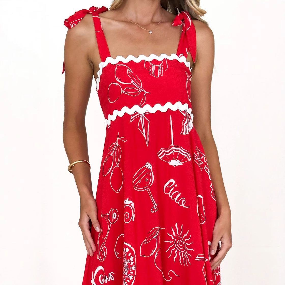Floral Wave Halter Dress - Spaghetti Strap A-Line Maxi Dress with Tie Details White Drawing on Red Background