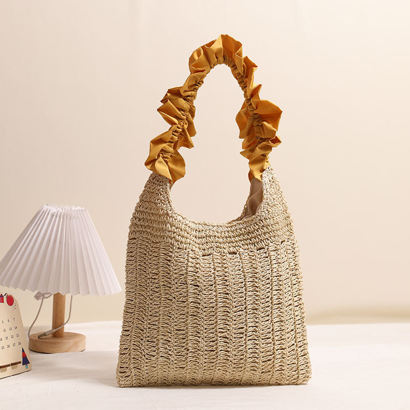 Tree Fungus like Lacework Straw Bag Solid Color Woven Bag Seaside Vacation Beach Bag Special Interest Shoulder Bag One Size Yellow Lace