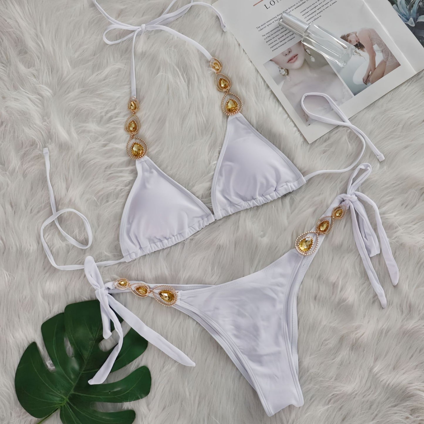 Sexy Bikini Suit Luxury Crystal Diamond Bandage Women Swimsuit Beach Vacation Swimsuit White