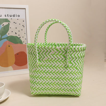 Cute Portable Plastic Woven Bag Fresh Square Straw Bag Vacation Beach Bag All Match Vegetable Basket Bag