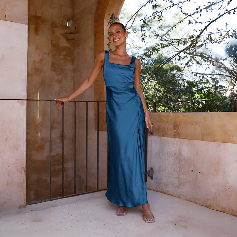 Spring Women Clothing Sexy Dress Split Suspender Dress Blue