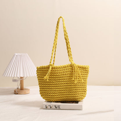 Tassel Shoulder Cotton Thread Woven Bag Solid Color Straw Bag Vacation Beach Bag Casual Women Bag One Size Bean Bag Tassel Yellow