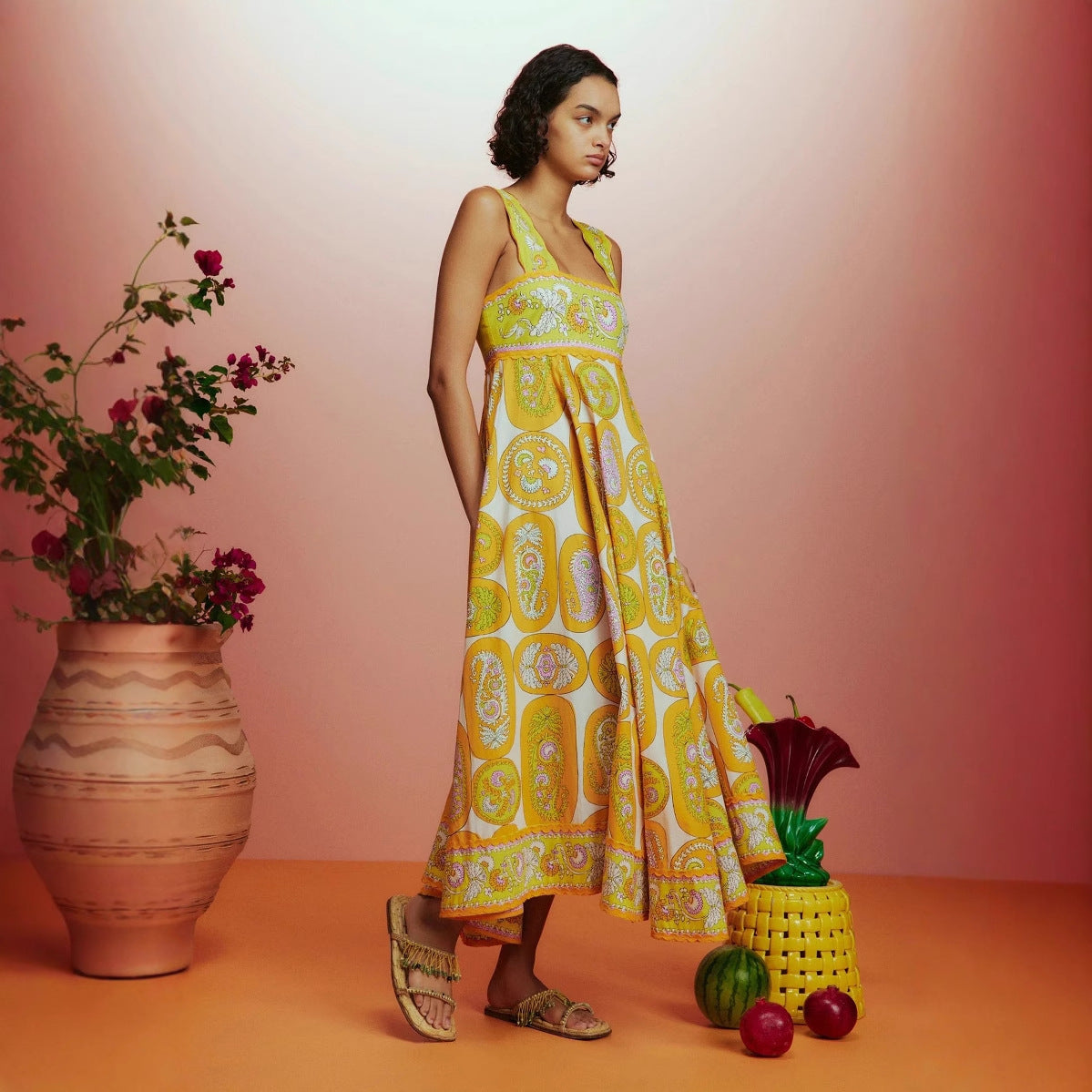 Summer Sexy Sling Printed High Waist Big Swing Dress Women