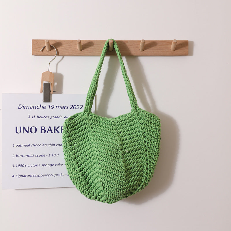 South Korea Vintage Shoulder Cotton Thread Woven Bag Crochet Handbag Straw Bag Vacation Beach Bag One Size Cotton Thread Carambola Light Green with Magnetic Snap