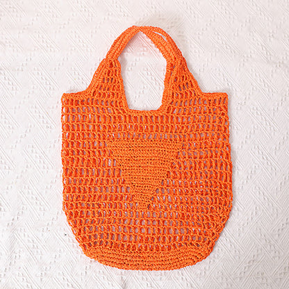 Large Capacity Hollow Out Cutout Straw Bag Fresh Candy Color One Shoulder Tote Woven Bag Portable Women Beach Bag One Size Orange
