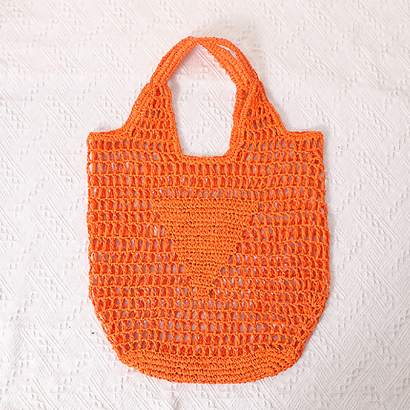 Large Capacity Hollow Out Cutout Straw Bag Fresh Candy Color One Shoulder Tote Woven Bag Portable Women Beach Bag One Size Orange