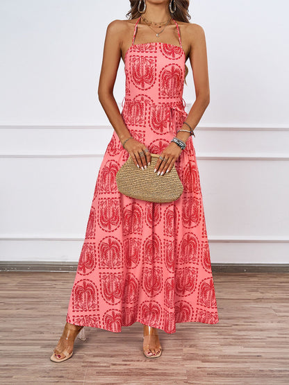 Women Floral Halter Beach Hawaii Holiday Dress Red Pattern