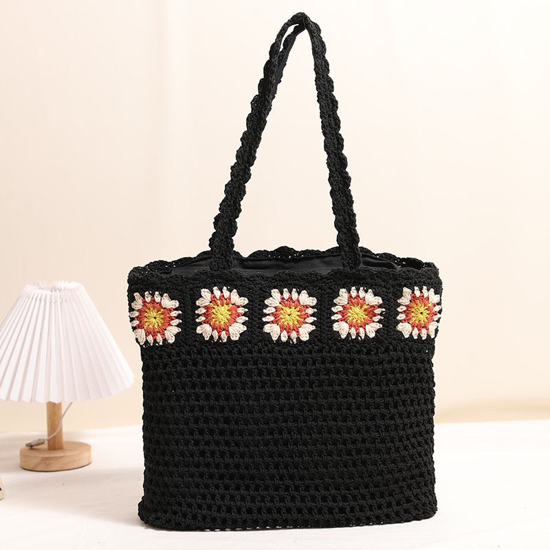 Single Shoulder Cotton Thread Woven Bag Floral Cutout Straw Bag Seaside Vacation Beach Bag One Size Black