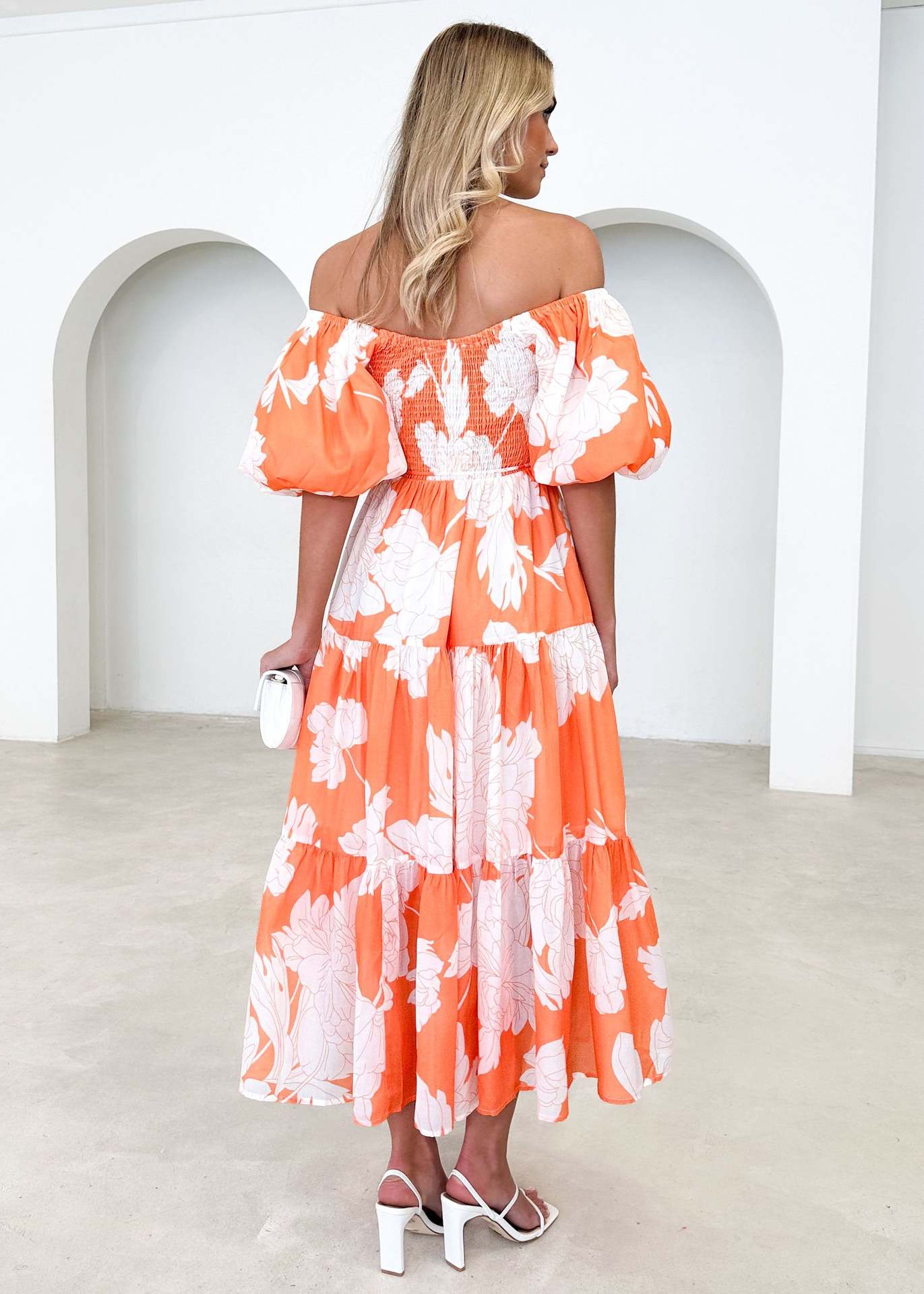 Women Clothing Elegant Floral Print off Shoulder Puff Sleeve Dress Women