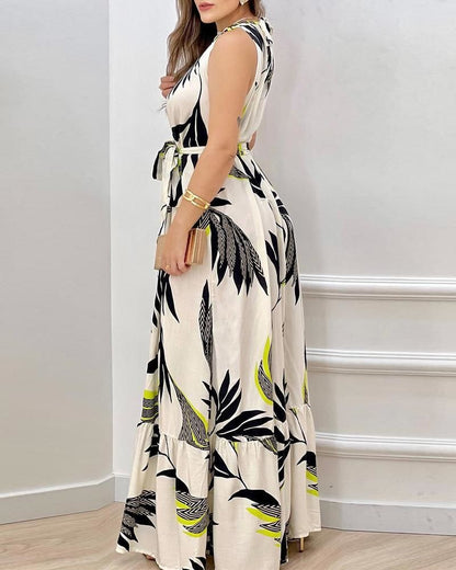 Summer Retro Fashionable round Neck Printed Halter Dress Long Dress