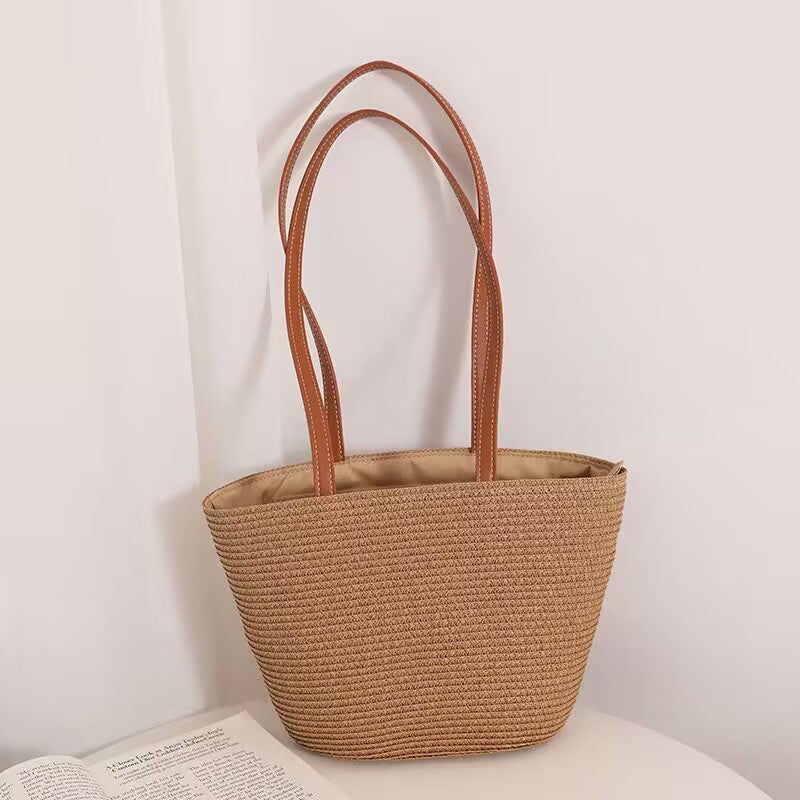Striped Shoulder Straw Bag Woven Bag Summer Large Capacity Casual All Match Women Seaside Beach Rattan Woven Bag One Size Belt Solid Color Small Size