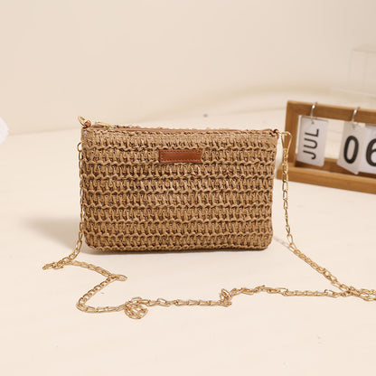Small Fresh Crossbody Straw Bag Solid Color Square Clutch Vacation Beach Bag Woven Bag One Size Square Hand Holding Leather Tag Coffee