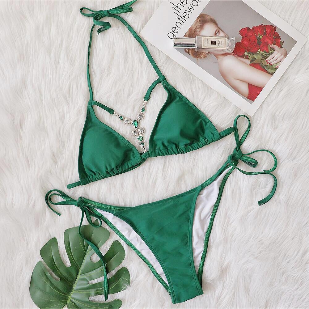 New Swimsuit Sexy Hollow Out Cutout Vintage Crystal Diamond Bikini Strap Women Swimsuit Green