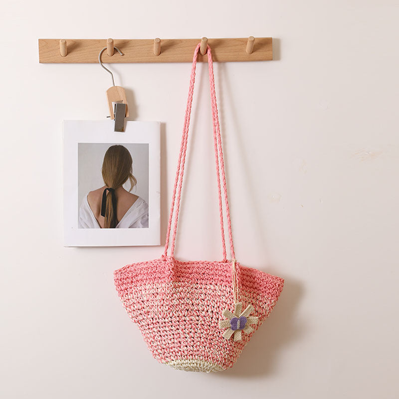 Fresh Floral Straw Bag Niche Gradient Color Straw Bag Woven Bag Vacation Beach Bag Shoulder Bag One Size Fishbone Small Pollen