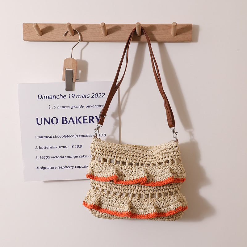 Crossbody Lace Straw Bag Ruffled Summer Color Straw Bag Woven Bag Seaside Beach Vacation Bag